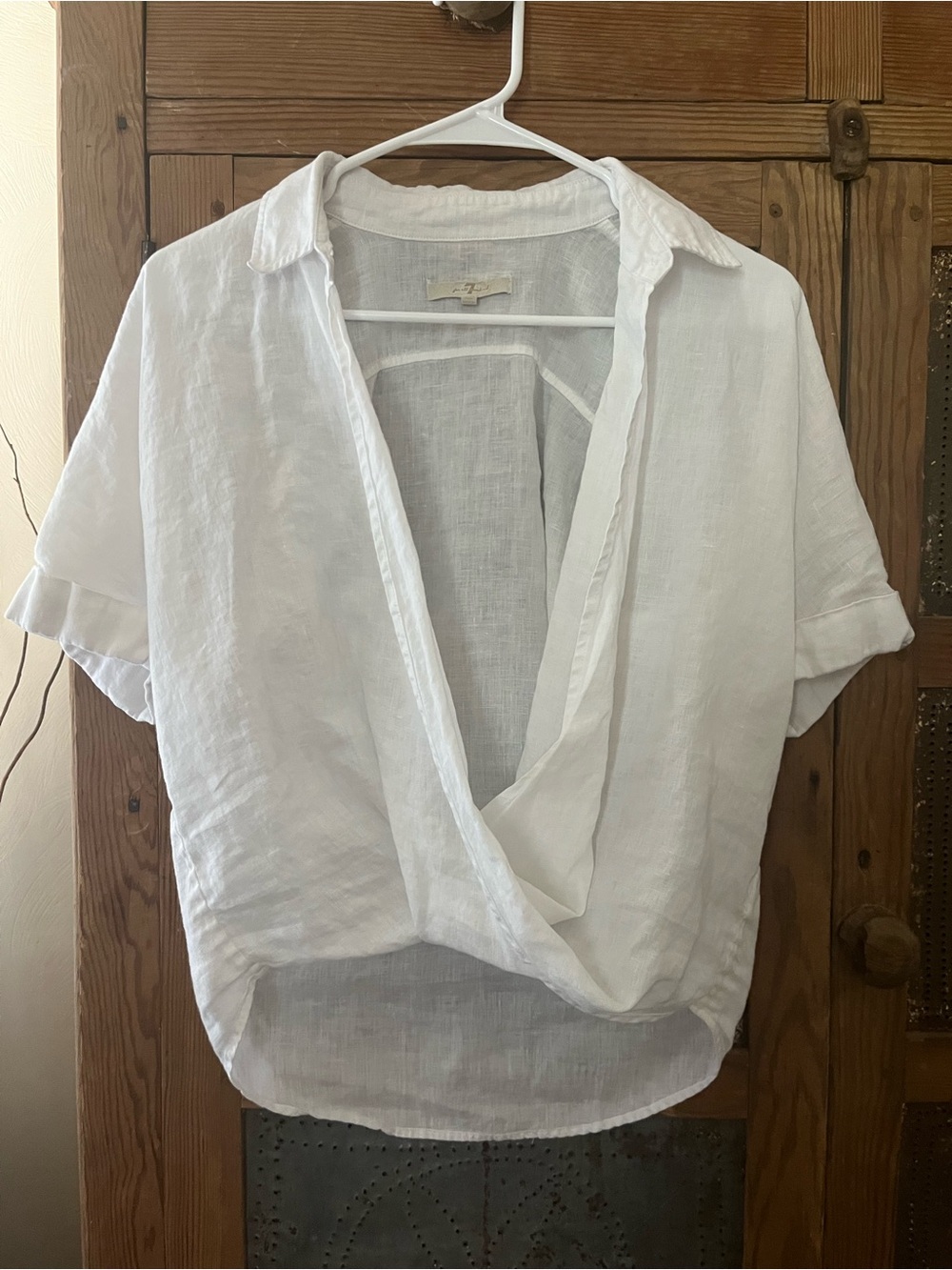 7 For All Mankind White Linen Draped Surplice Short Sleeve Top